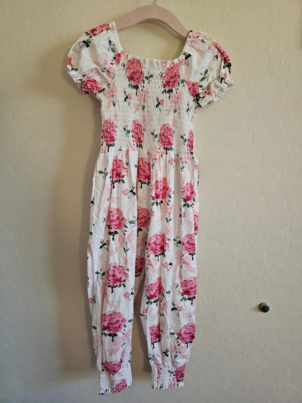 SweetHoney Smocked Romper - Pink Rose Bouquet 4T